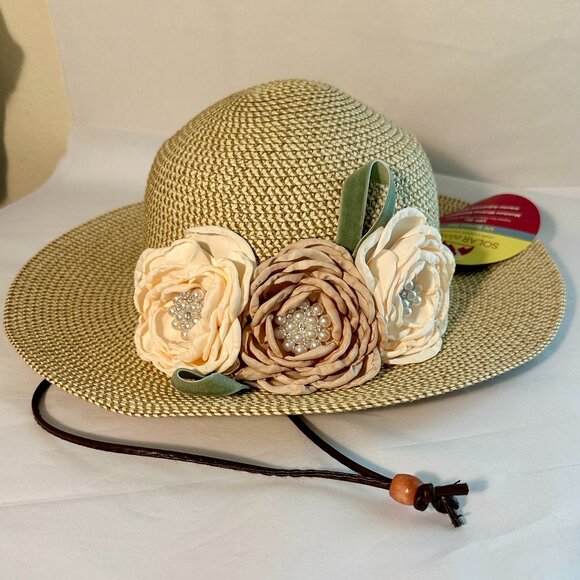 Elegant Women's Tweed Sun Hat With Satin Flowers And Pearls Special Event (NEW) - Picture 5 of 14